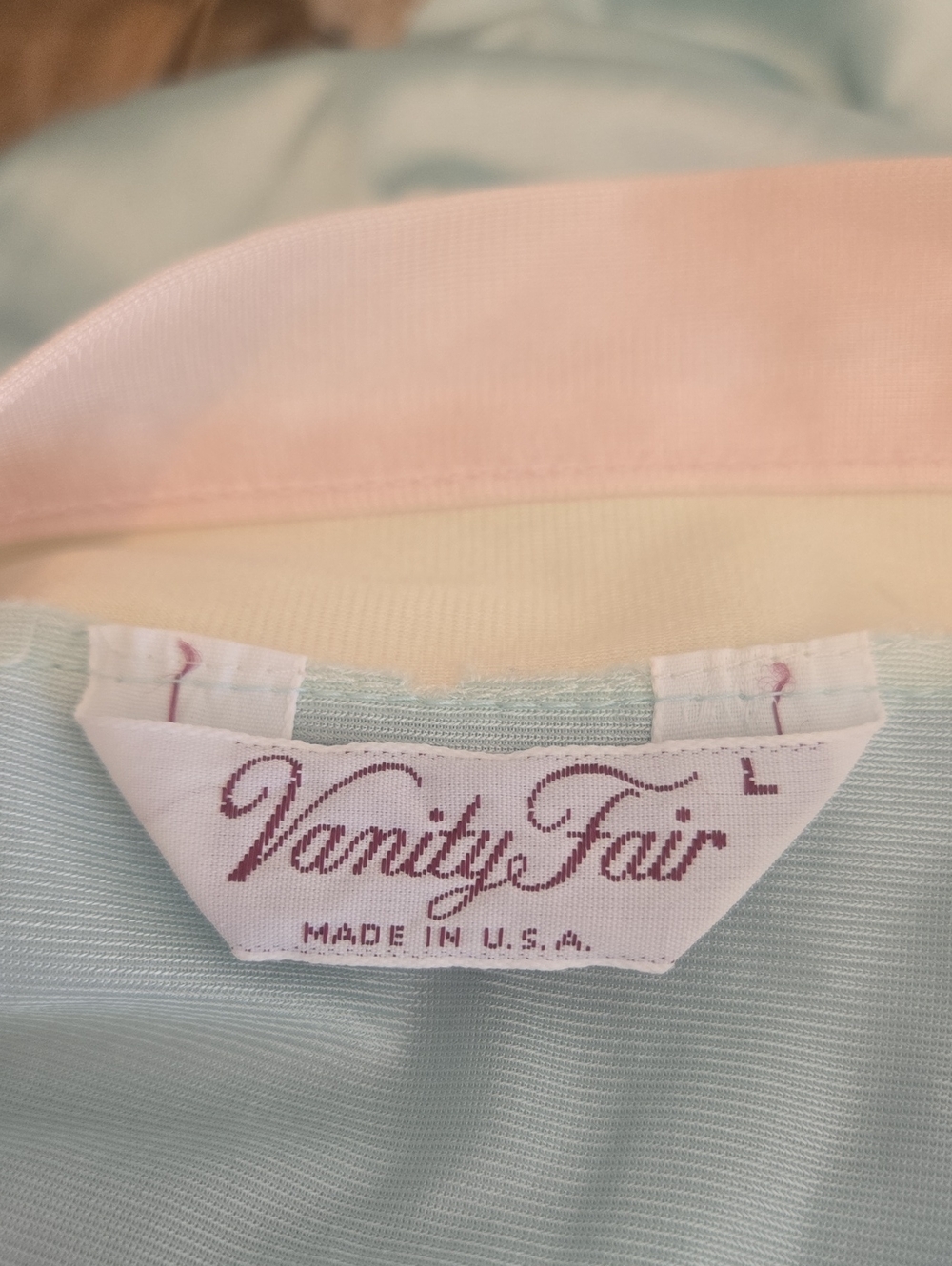 Vanity Fair Vintage Aqua Satin Long Robe &Nightie Set Pale Pink and Cream Trim - Picture 10 of 14